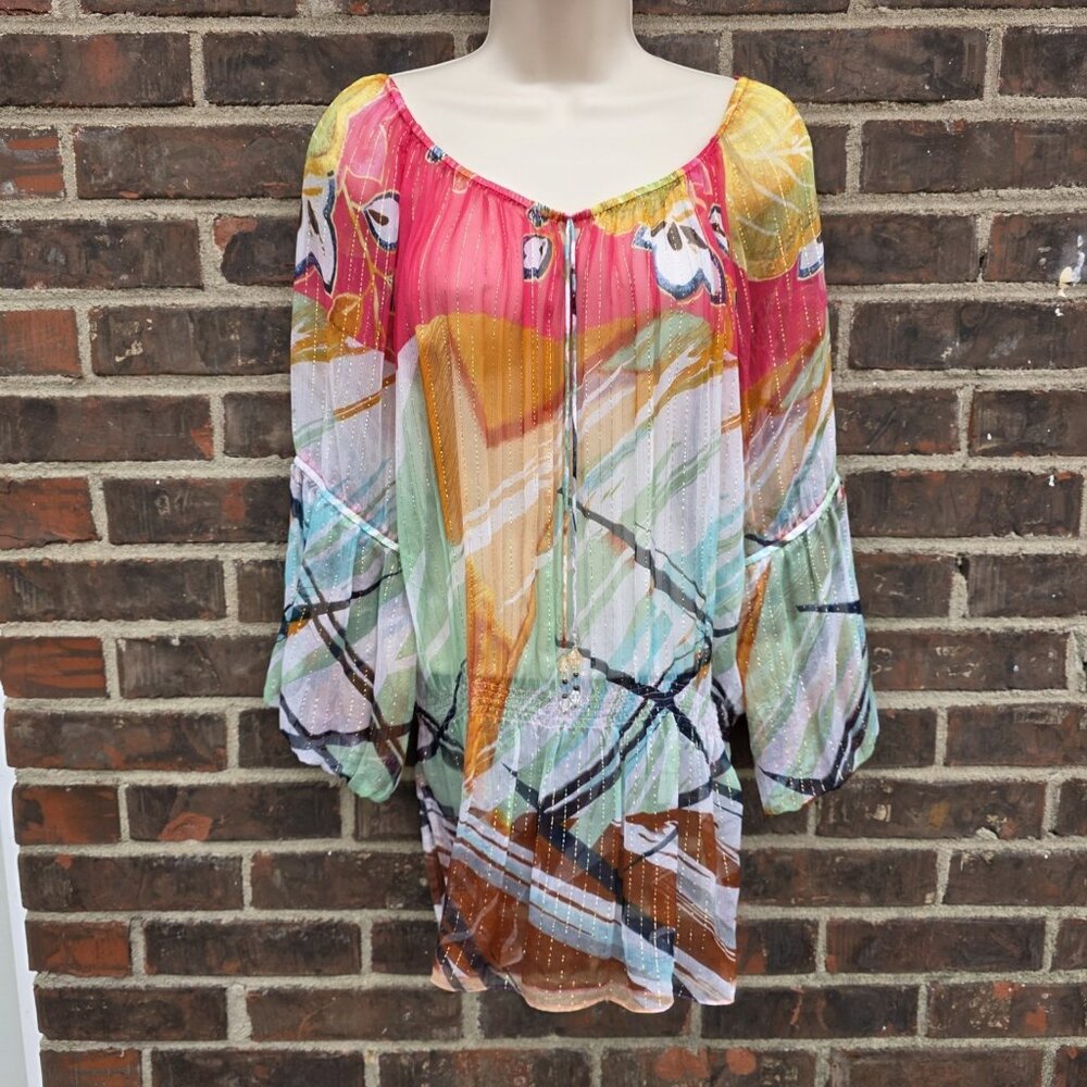 Peter Nygard Boho Western Silk Colorful Tassel Top Blouse Sheer Cover Up Sz 10